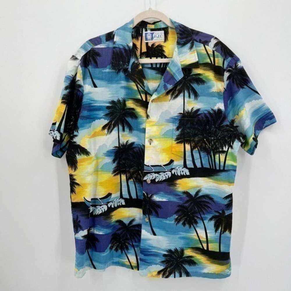 Vintage Hawaiian Shirt RJC Aloha Sunset Palm Trees Cotton